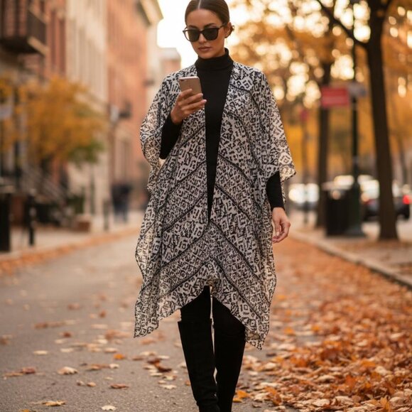 Sonoma Black White Knit Poncho Open Front Layering Wrap 1 Size Cozy Boho Casual - Picture 2 of 11
